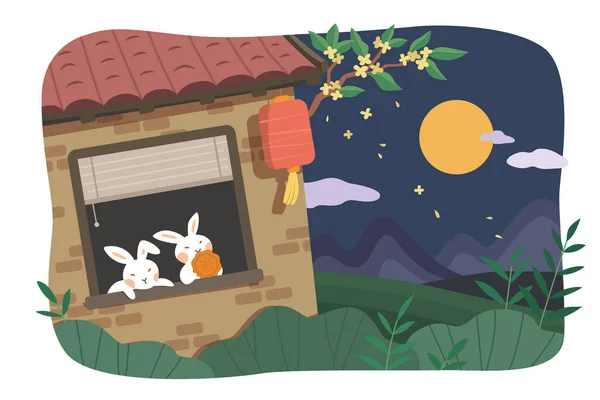 Mid Autumn Festival Design Flat Illustration Rabbits Watching Moon Home — Stock Vector