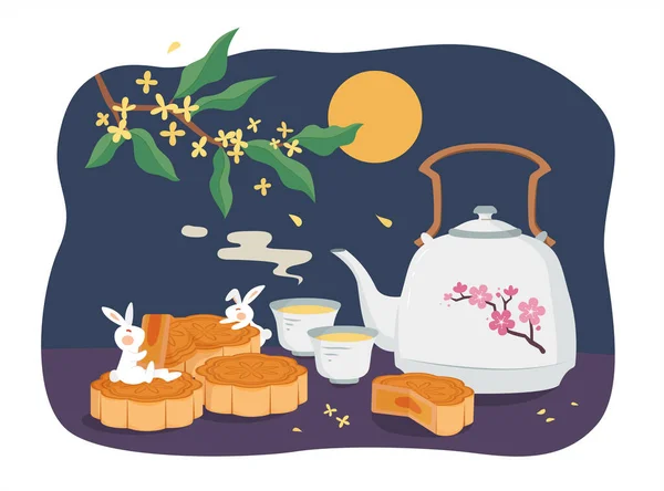 Осінній Фестиваль Дизайну Плоска Ілюстрація Нефритних Кроликів Їдять Ють Гарячий — стоковий вектор