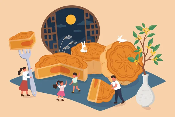 Midden Herfst Festival Ontwerp Platte Illustratie Van Chinese Familie Met — Stockvector