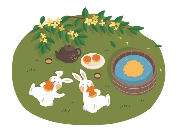 Mid Höst Festivaldesign Platt Illustration Jade Kaniner Liggande Gräs Äta — Stock vektor