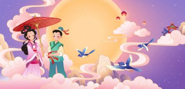 Qixi festival afişi. Dolunayın önünde dokumacı kız için şemsiye tutan sığır çobanı.
