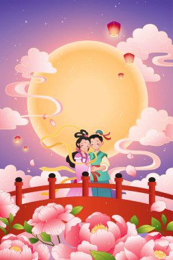 Qixi festival afişi. Dokumacı kız ve köprüdeki sığır çobanı tasviri dolunayın önünde birbirlerine sarılıyorlar.