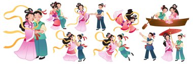 Qixi Festivali için çoban ve dokumacı kız. Çin Sevgililer Günü 'nde farklı pozlar ve aktivitelerle geçen eski hikaye karakterleri.