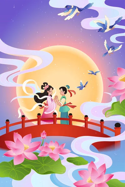 Qixi Festival Banner Illustration Von Webermädchen Und Kuhhirten Der Brücke — Stockvektor