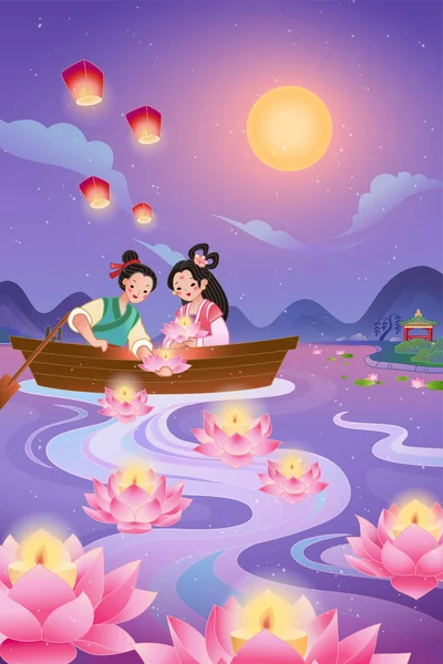 Πανό Φεστιβάλ Qixi Εικονογράφηση Του Γελαδάρη Βάζοντας Αναμμένα Κεριά Λουλούδια — Διανυσματικό Αρχείο