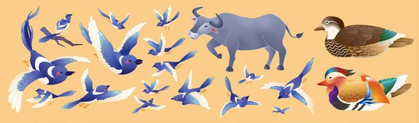 七西节的蓝喜鹊和动物 橙色背景下的中国情人节传说中不同姿势的动物角色 — 图库矢量图片