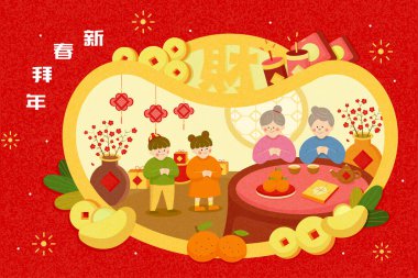 CNY greeting card of visiting elders. Hand-drawn illustration of grandchildren greeting grandparents in a gold ingot frame on Spring Festival. New year greeting written in Chinese clipart