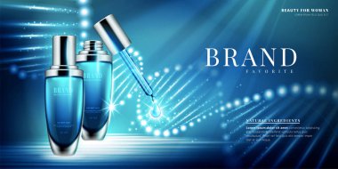 3 boyutlu resimde parlayan mavi ışık efektli damlacık şişesi reklamları