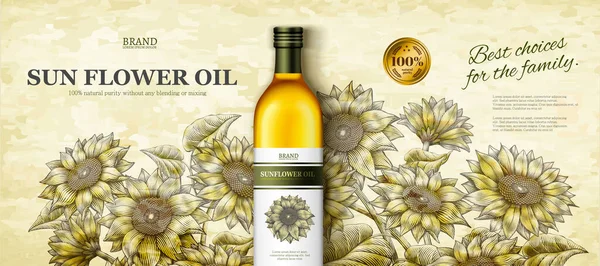 Sun Flower Oil Ads Illustration Elegant Woodcut Style Sunflower Garden — Stock Vector