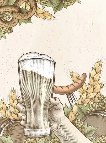 Retro Houtsnede Met Ambachtelijk Bier Met Worst Pretzels — Stockvector