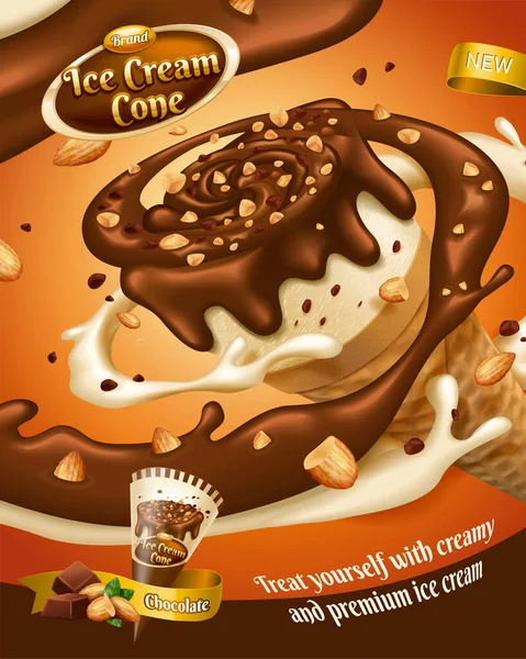 Csokoládé Fagylalt Kúp Hirdetések Fröccsenő Mártással Illusztráció — Stock Vector