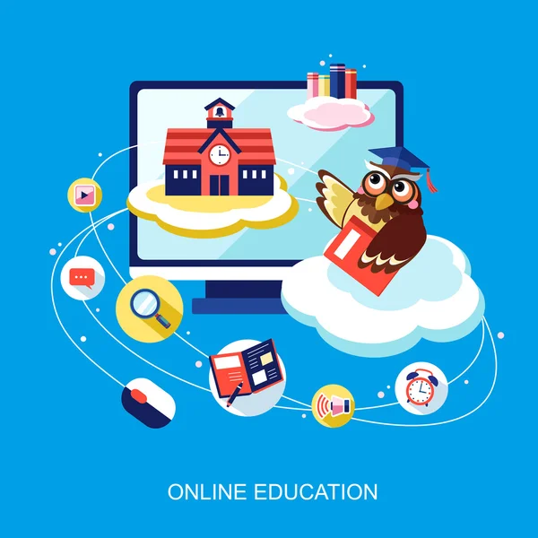 Conception plate pour le concept d'éducation en ligne avec une chouette — Image vectorielle