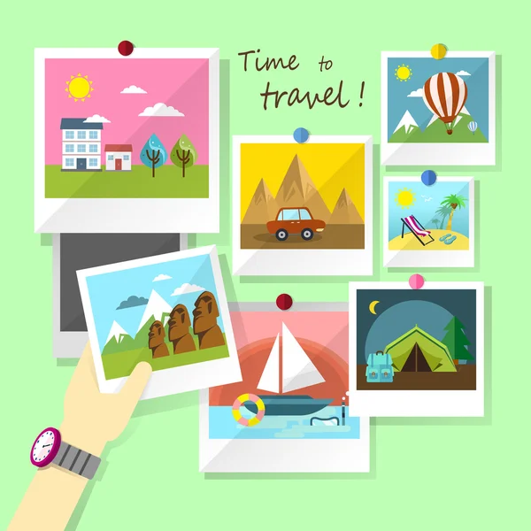 Diseño plano para fotos de viaje — Vector de stock