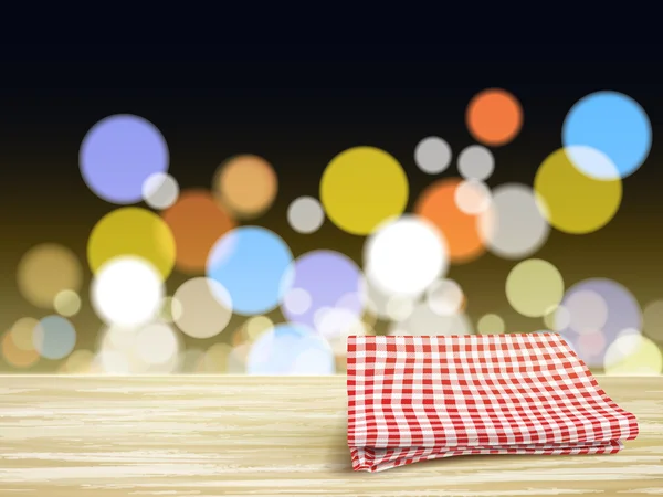 Close-up de mesa de madeira e toalha de mesa sobre visão noturna —  Vetores de Stock