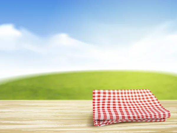 Close-up de mesa de madeira e toalha de mesa sobre o céu azul —  Vetores de Stock
