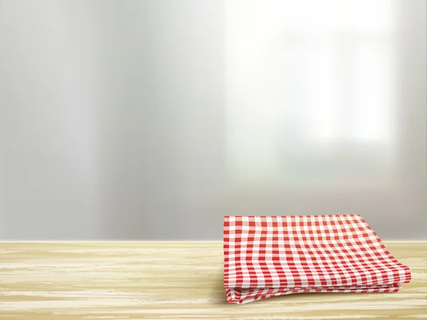 Close-up de mesa de madeira e toalha de mesa no quarto —  Vetores de Stock