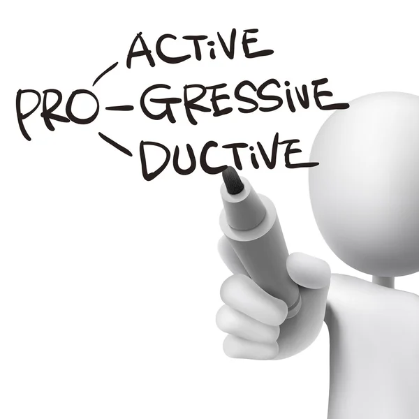 Proactive, progressive and productive written by 3d man — Stock Vector