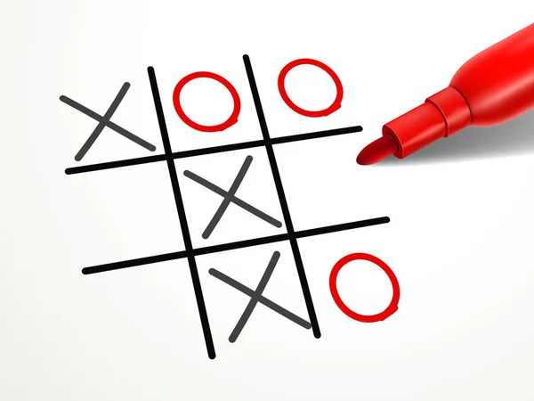 Tic-tac-toe game with red pen over document — Stock Vector