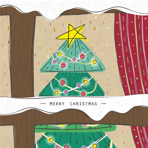 Boże Narodzenie drzewo widać przez okno drewniane — Wektor stockowy