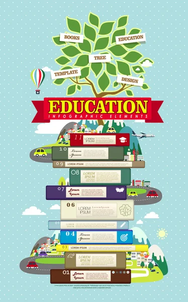 Elementos de diseño infográfico de educación con árbol y libros — Archivo Imágenes Vectoriales