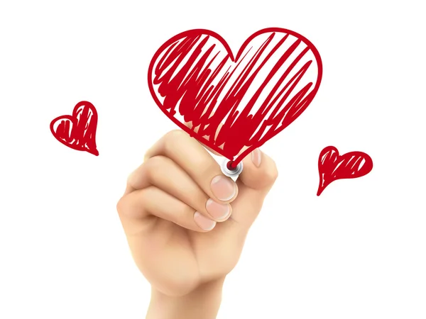 Coração vermelho desenhado pela mão 3d — Vetor de Stock