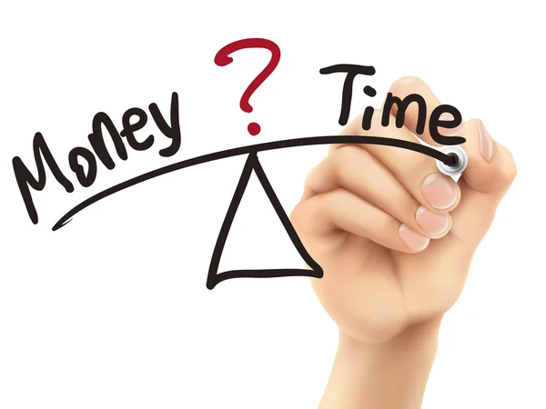 Équilibre entre le temps et l'argent écrit par la main 3d — Image vectorielle