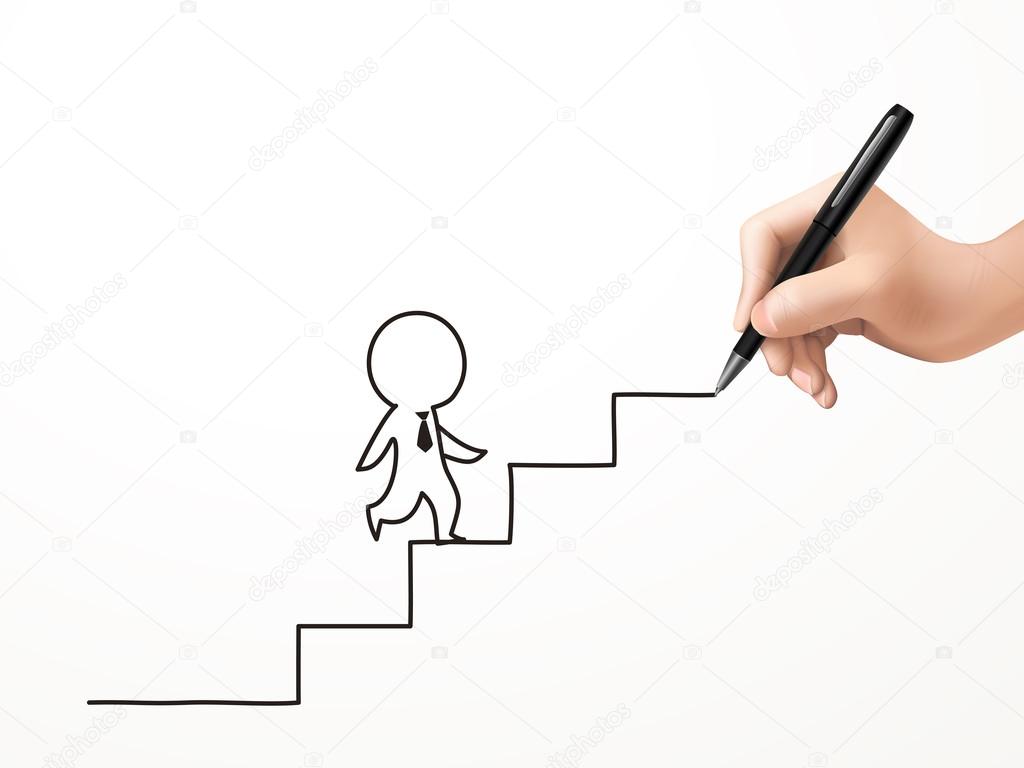 businessman walking up stairs drawn by human hand