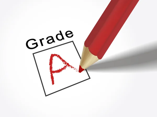 Close up look at grade A on exam paper with red pencil — Stock Vector