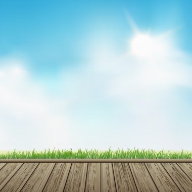 çim üzerinde mavi gökyüzü ile ahşap zemin 
