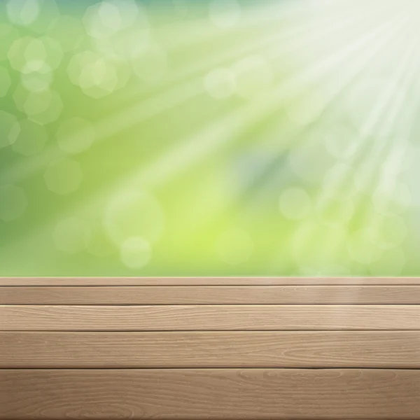 Träbord över gröna suddig bakgrund — Stock vektor