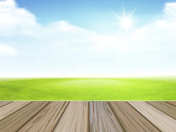 Blauwe hemel en veld van groen gras — Stockvector