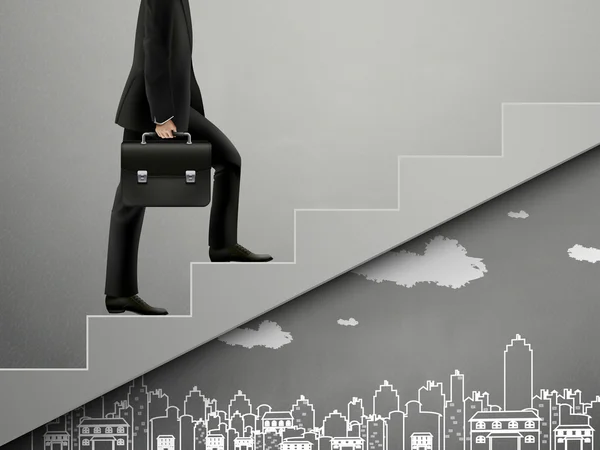 Homme d'affaires marchant dans les escaliers avec des gribouillis scène de ville — Image vectorielle
