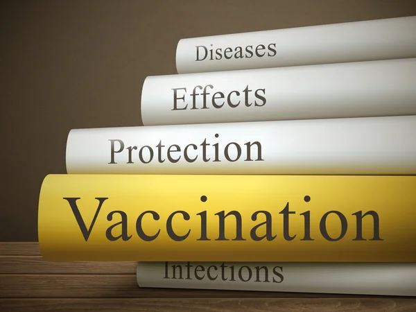 Pile de livres avec concept de vaccination — Image vectorielle