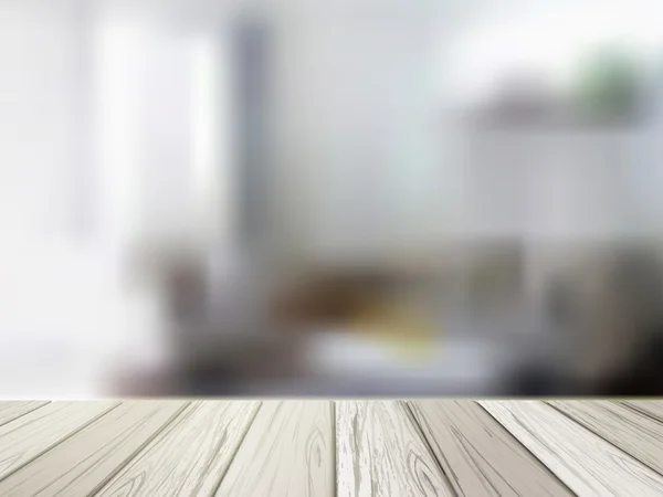 Mesa de madeira sobre a cena da cozinha embaçada — Vetor de Stock