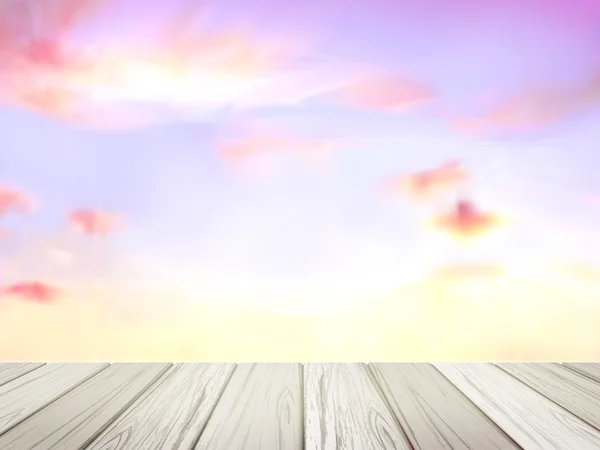 Holztisch über Sonnenuntergang Wolken Landschaft — Stockvektor