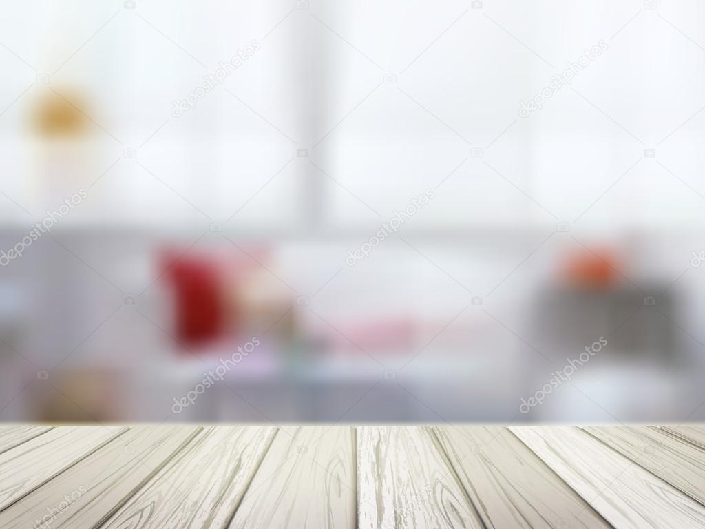 wooden table over blurred kitchen scene 