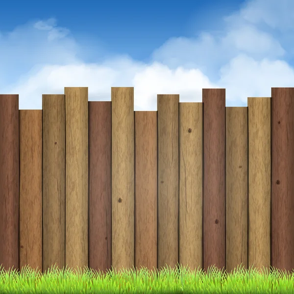 Wooden fence with green grass and blue sky — Stock Vector