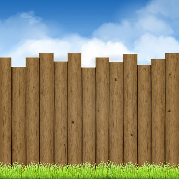 Dřevěný plot se zelenou trávou a modrou oblohou — Stockový vektor