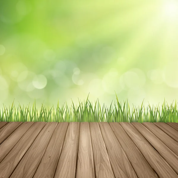 Table en bois et herbe sur fond flou abstrait — Image vectorielle