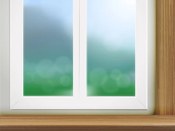 Mesa de madera y ventana lugar con escena del bosque — Vector de stock