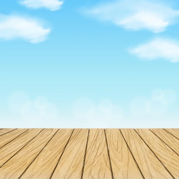 Tablones de madera sobre el paisaje del cielo azul — Vector de stock