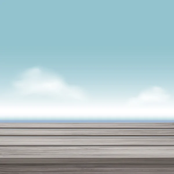 Mesa de madeira com belo oceano e céu azul —  Vetores de Stock