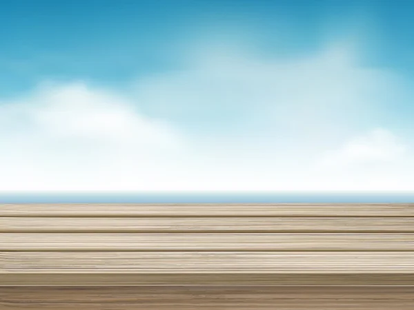 Table en bois avec bel océan et ciel bleu — Image vectorielle