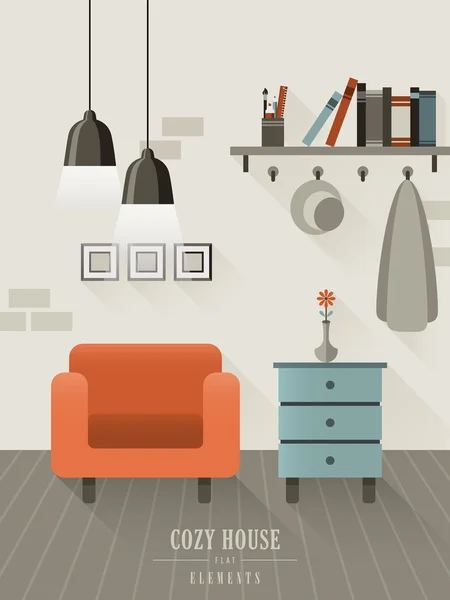 Acogedor interior de la casa en estilo de diseño plano — Vector de stock