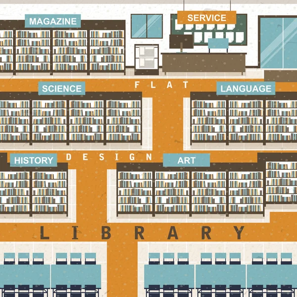 フラットなデザインの図書館のシーン — ストックベクタ