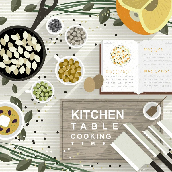 Υλικά για μαγείρεμα στο τραπέζι της κουζίνας σε επίπεδη σχεδίαση — Διανυσματικό Αρχείο