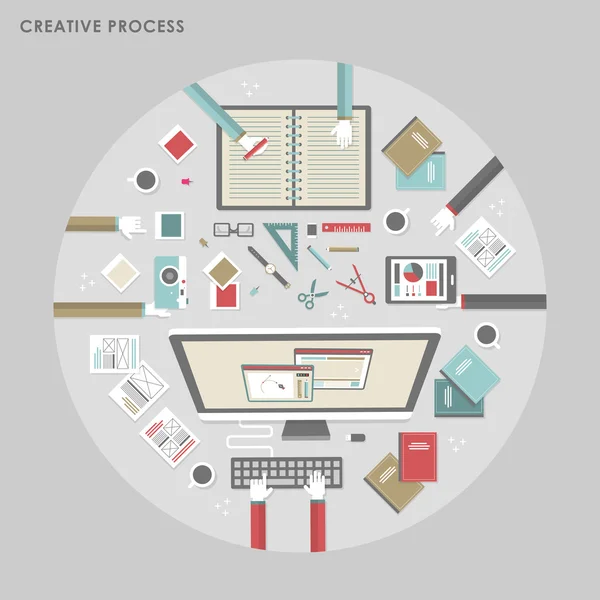 フラットなデザインの創造的なプロセスの平面図 — ストックベクタ