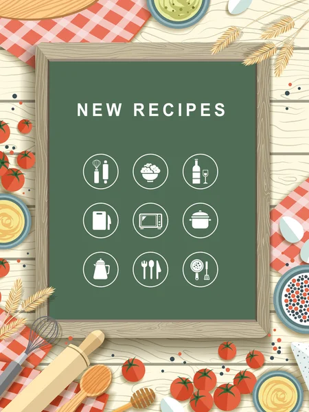 Novas receitas escritas em chalkboard em design plano — Vetor de Stock