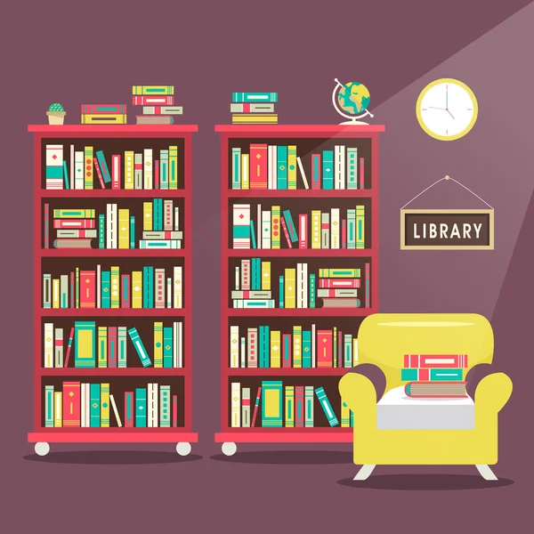 Ilustrasi adegan perpustakaan dalam desain datar - Stok Vektor