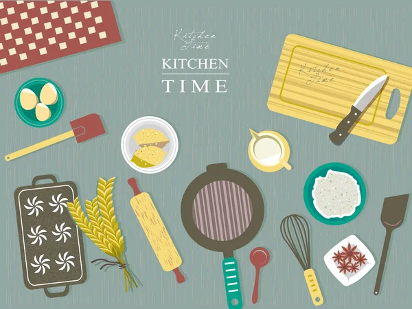 Ingredientes para hornear en la mesa de la cocina en diseño plano — Vector de stock